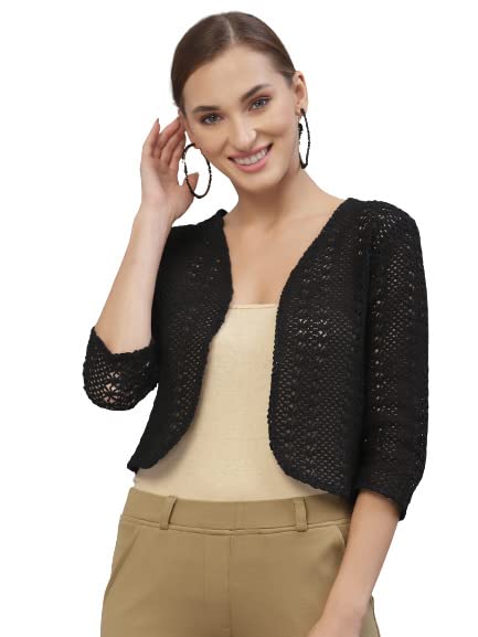 Style Quotient Women Black Cotton self Design lace Crop Open Front Shrug - Image 1