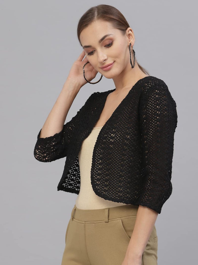 Style Quotient Women Black Cotton self Design lace Crop Open Front Shrug - Image 3