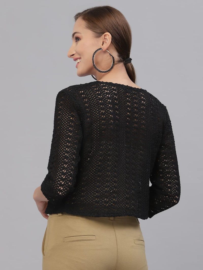 Style Quotient Women Black Cotton self Design lace Crop Open Front Shrug - Image 4