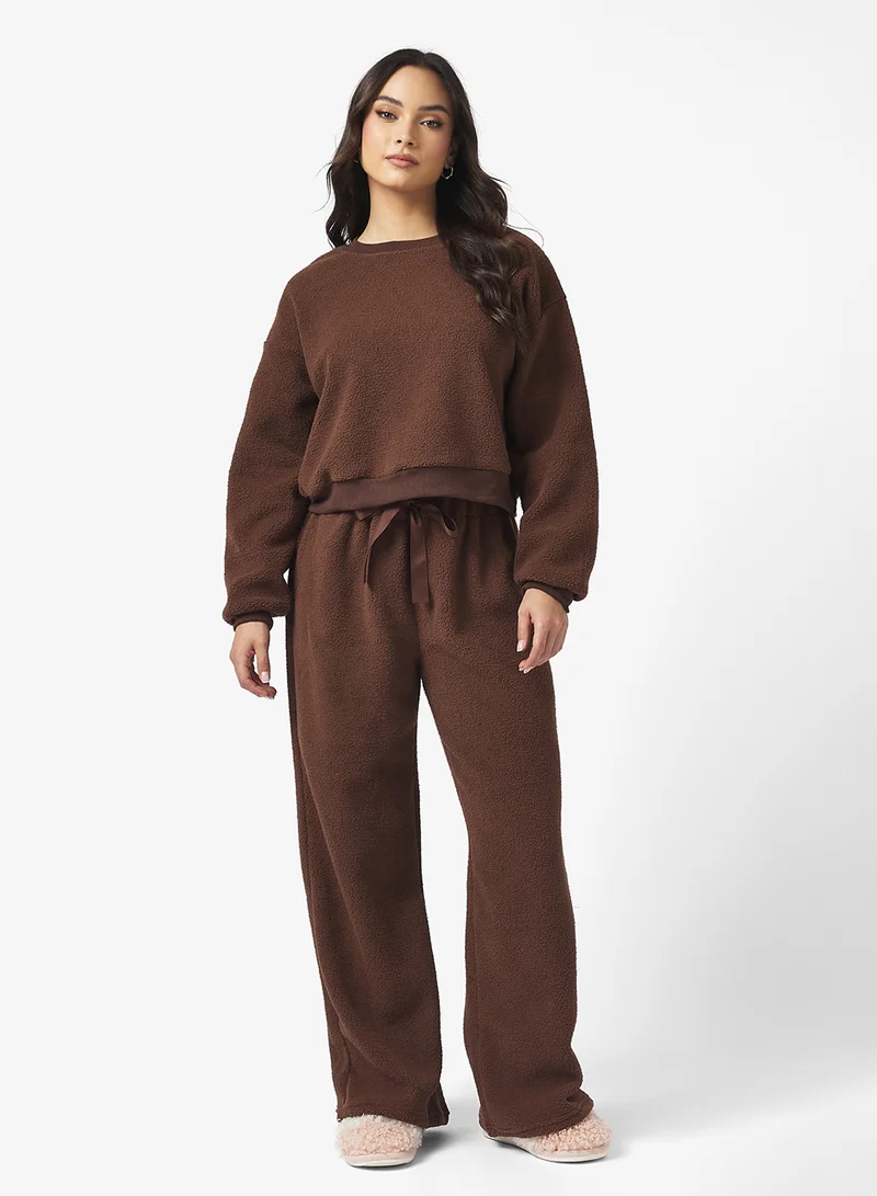 جينجر بيسيكس Cozy Lounge Borg Sweat & Wide Leg Pant Set