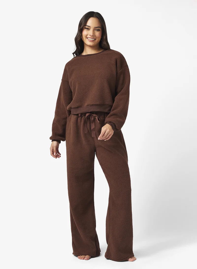 جينجر بيسيكس Cozy Lounge Borg Sweat & Wide Leg Pant Set