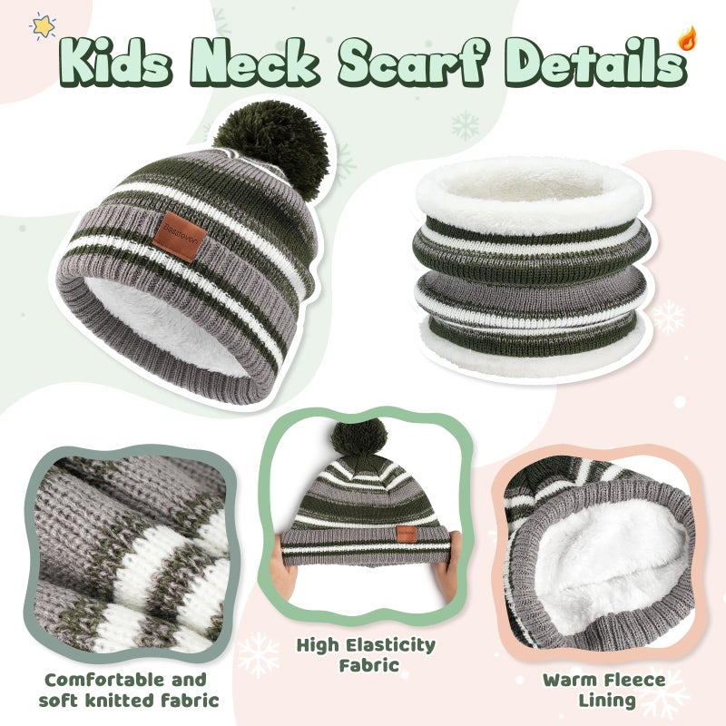 Bessteven Kids Winter Hat Scarf Gloves: Boys Beanie Hats Gloves Set for 6-10 Years Old Warm Thick Fleece Lined Winter Set with Pom Pom Knit Cap Neck Warmer for Boy Cold Weather Outdoor Sports - Green - Image 3