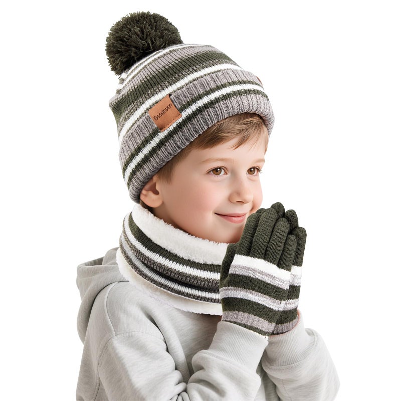 Bessteven Kids Winter Hat Scarf Gloves: Boys Beanie Hats Gloves Set for 6-10 Years Old Warm Thick Fleece Lined Winter Set with Pom Pom Knit Cap Neck Warmer for Boy Cold Weather Outdoor Sports - Green - Image 1