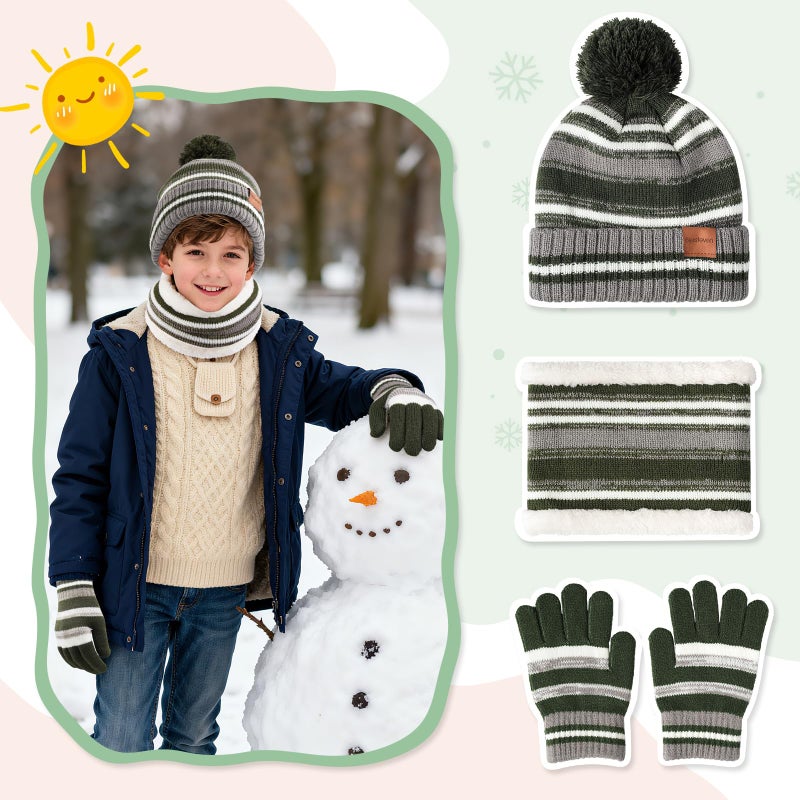 Bessteven Kids Winter Hat Scarf Gloves: Boys Beanie Hats Gloves Set for 6-10 Years Old Warm Thick Fleece Lined Winter Set with Pom Pom Knit Cap Neck Warmer for Boy Cold Weather Outdoor Sports - Green - Image 2