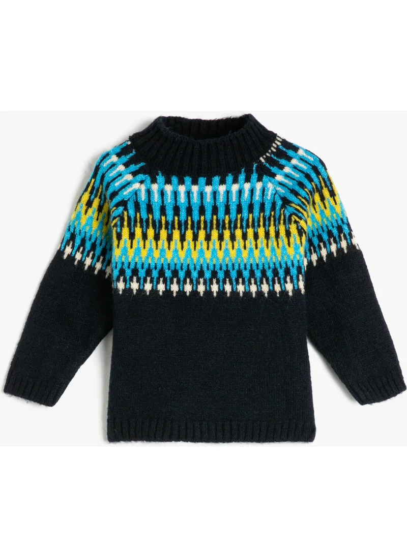 كوتون Sweater Knitted Stand Collar Long Sleeve Ethnic Patterned