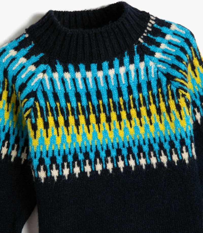 KOTON Sweater Knitted Stand Collar Long Sleeve Ethnic Patterned