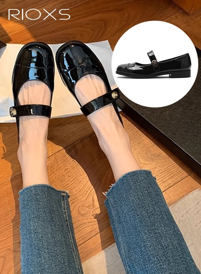 RIOXS Women's Comfort Shoes, Classic Mary Janes Shoes, Flat Slip-on Loafers for Women, Round Toe Ballet Flats with Strap, 2cm Low Heel Womens Shoes, Lightweight Ladies Work Shoes, Retro Ballet Flats, 