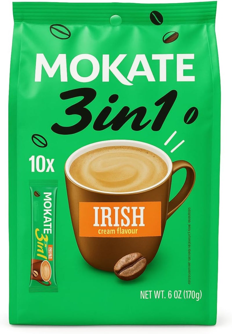 MOKATE موكات 3 في 1 آيريش كريم مزيج القهوة الفورية (170g, 10 أكياس) - Image 1