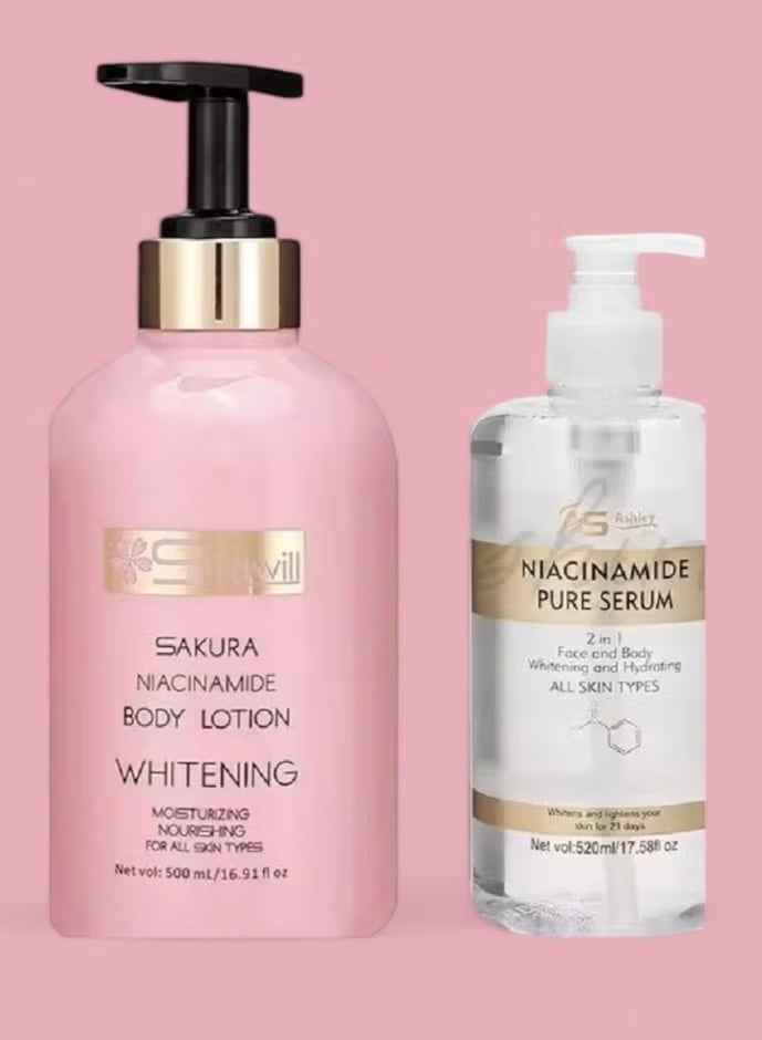 آشلي مصل أشلي شاين نياسيناميد النقي 2 في 1 لتبييض الوجه والجسم وترطيب البشرة 520 مل ومستحضر تبييض الجسم ساكورا نياسيناميد من شاويل 500 مل - Image 2