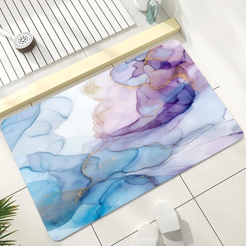 Marble Bathroom Mat, Abstract Modern Bathmat, Liquid Swirl Art Marble Rugs for Bathroom, Blue Purple White Gold Bath Rug, Diatomaceous Earth Bath Mat, Quick Dry & Non Slip & Washable, 36x60 inch - Image 1