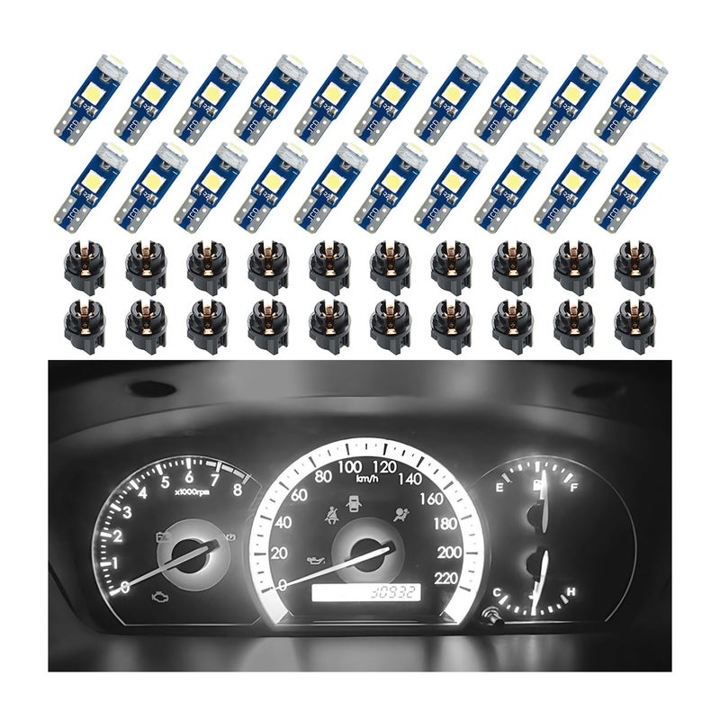 BELOMI 20 Pcs T5 LED Lights for Car Dashboard, High Light Bulb 3030-3SMD Replacement with Twist Lock Socket, Super Bright Light for Instrument Cluster Dashboard Panel Gauge Indicator (White) - Image 1