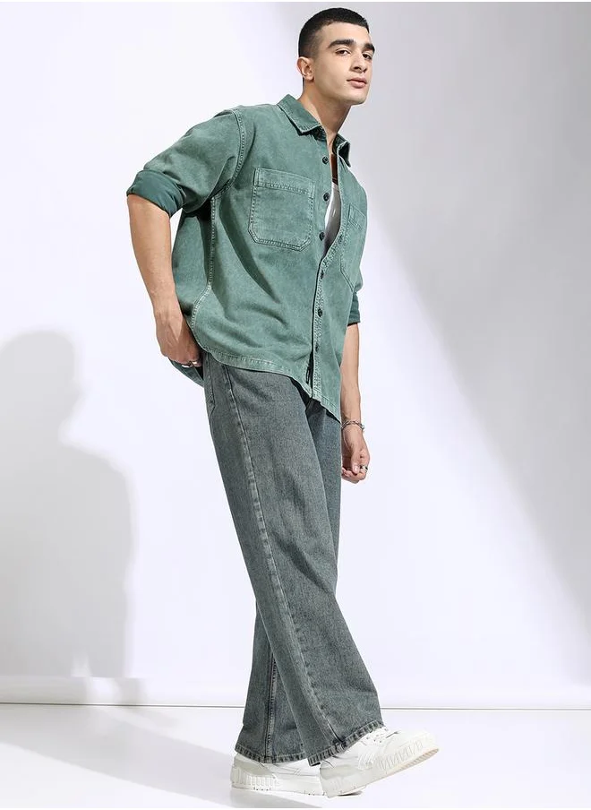 هاي لاندر Acid Washed Oversized Shirt with Pockets