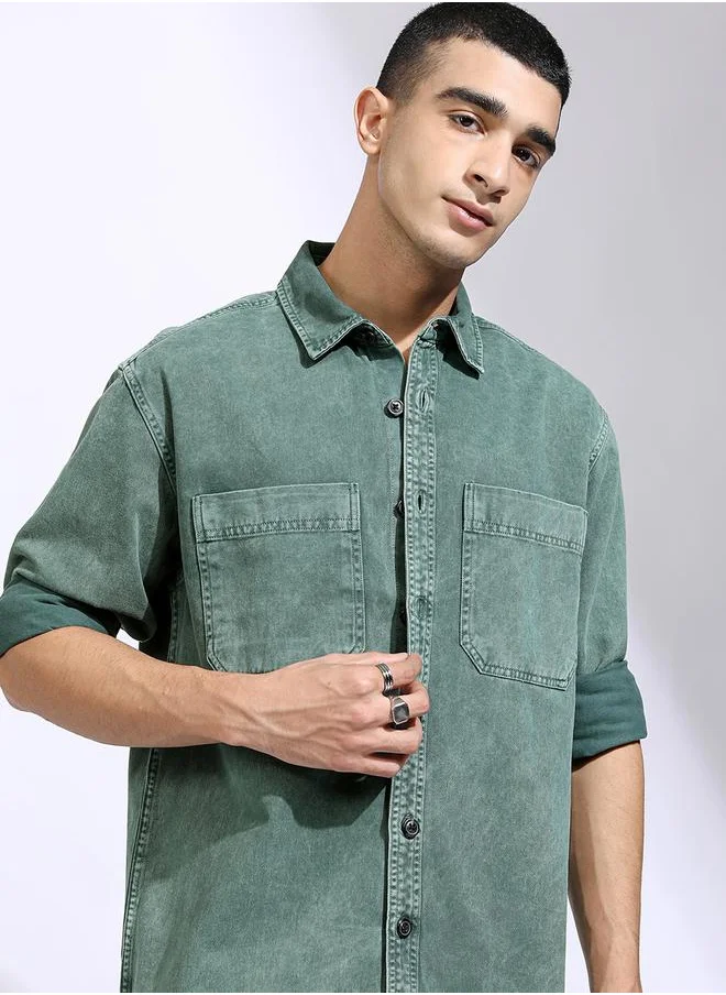 هاي لاندر Acid Washed Oversized Shirt with Pockets