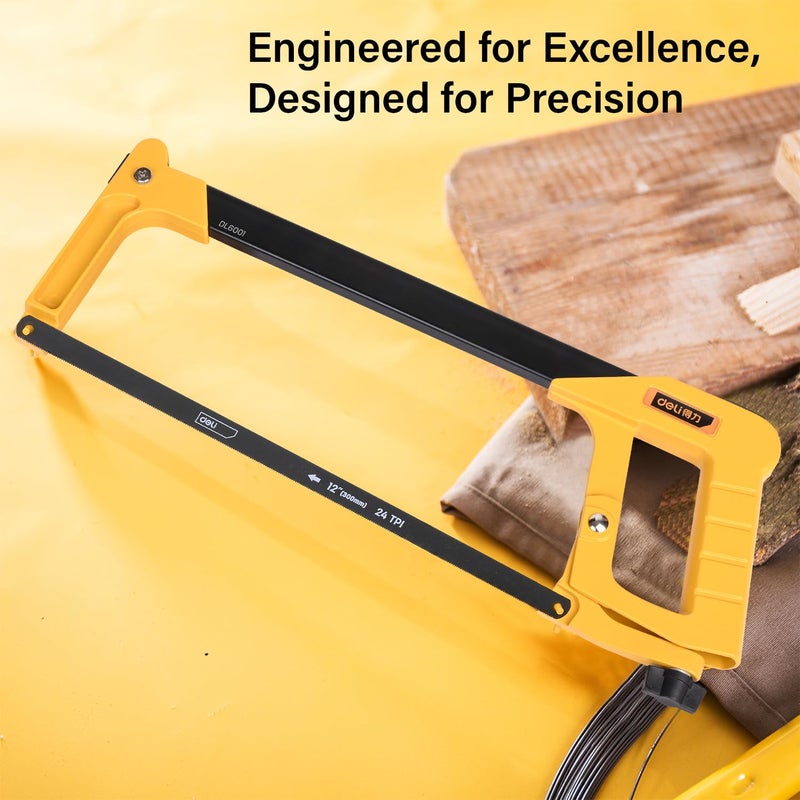 Deli DL6001 12 Square Hacksaw 65Mn Heavy Duty Steel Blade Hardened Sawteeth 2 Extra Blades High Abrasion Resistance for Wood Aluminum Copper Pack of 1 YellowBlack - Image 5