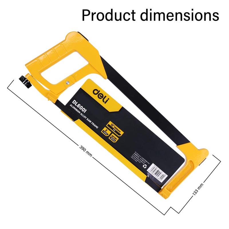 Deli DL6001 12 Square Hacksaw 65Mn Heavy Duty Steel Blade Hardened Sawteeth 2 Extra Blades High Abrasion Resistance for Wood Aluminum Copper Pack of 1 YellowBlack - Image 2