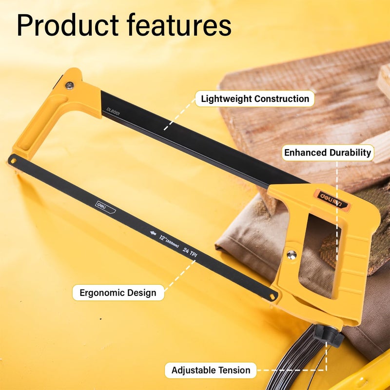 Deli DL6001 12 Square Hacksaw 65Mn Heavy Duty Steel Blade Hardened Sawteeth 2 Extra Blades High Abrasion Resistance for Wood Aluminum Copper Pack of 1 YellowBlack - Image 4