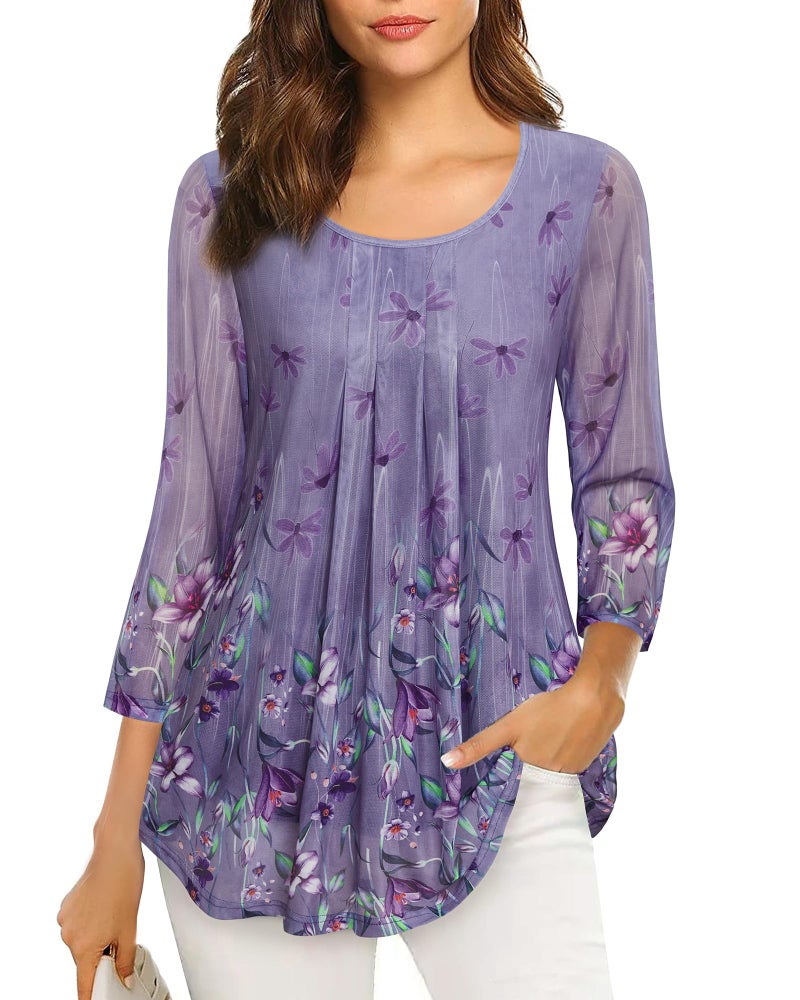 VALOLIA Womens Tunics, Work Shirt for Women Office Tops Casual Elegant Blouses for Women Fashion 2025 Floral Tunic Shirts Half Sleeve Ladies Party Dressy Clothes Floral Tunic Shirt Purple M - Image 1