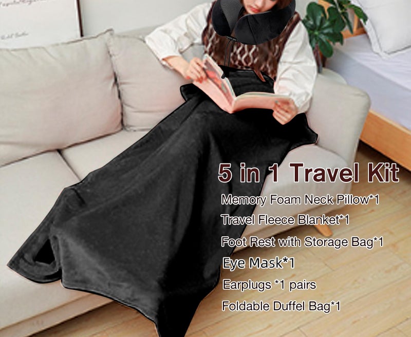 Nerien Travel Pillow and Blanket Set & Foot Rest, Memory Foam Neck Pillow Airplane Blanket & Airplane Foot Hammock & Foldable Duffel Bag, Eye Mask & Earplugs, Portable Travel Accessories Essentials, Black - Image 3