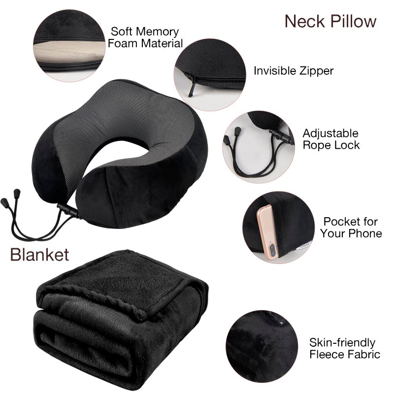 Nerien Travel Pillow and Blanket Set & Foot Rest, Memory Foam Neck Pillow Airplane Blanket & Airplane Foot Hammock & Foldable Duffel Bag, Eye Mask & Earplugs, Portable Travel Accessories Essentials, Black - Image 4