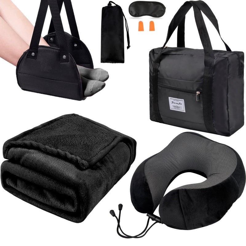 Nerien Travel Pillow and Blanket Set & Foot Rest, Memory Foam Neck Pillow Airplane Blanket & Airplane Foot Hammock & Foldable Duffel Bag, Eye Mask & Earplugs, Portable Travel Accessories Essentials, Black - Image 1