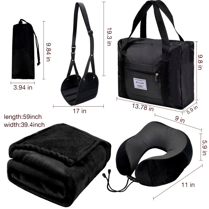 Nerien Travel Pillow and Blanket Set & Foot Rest, Memory Foam Neck Pillow Airplane Blanket & Airplane Foot Hammock & Foldable Duffel Bag, Eye Mask & Earplugs, Portable Travel Accessories Essentials, Black - Image 2