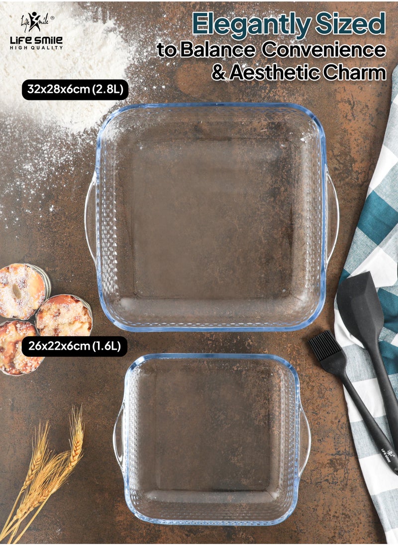 Life Smile - LIFE SMILE Borosilicate Glass Oven Baking Dishes Set of 2 - Square Shape Baking Tray Dishwasher Safe, Fridge & Freezer Safe, Microwave Safe (Design 1) - Image 1