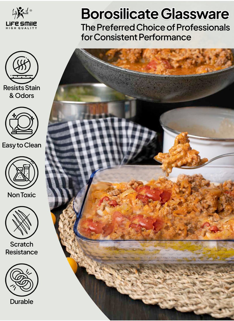 Life Smile - LIFE SMILE Borosilicate Glass Oven Baking Dishes Set of 2 - Square Shape Baking Tray Dishwasher Safe, Fridge & Freezer Safe, Microwave Safe (Design 1) - Image 1