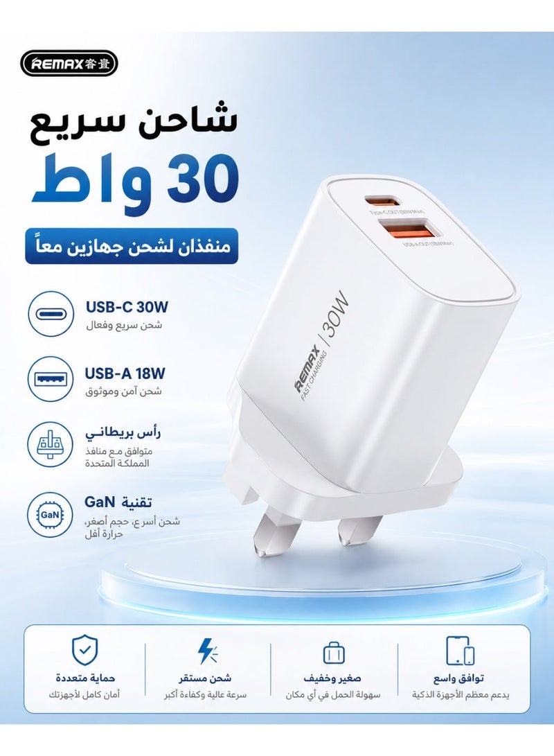 REMAX 30W GaN Fast Charger UK Plug, Dual Port Type-C 30W + USB-A 18W Wall Charger, Compact Lightweight Adapter for Phone and Tablet - Image 1