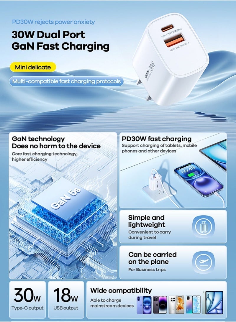 REMAX 30W GaN Fast Charger UK Plug, Dual Port Type-C 30W + USB-A 18W Wall Charger, Compact Lightweight Adapter for Phone and Tablet - Image 2
