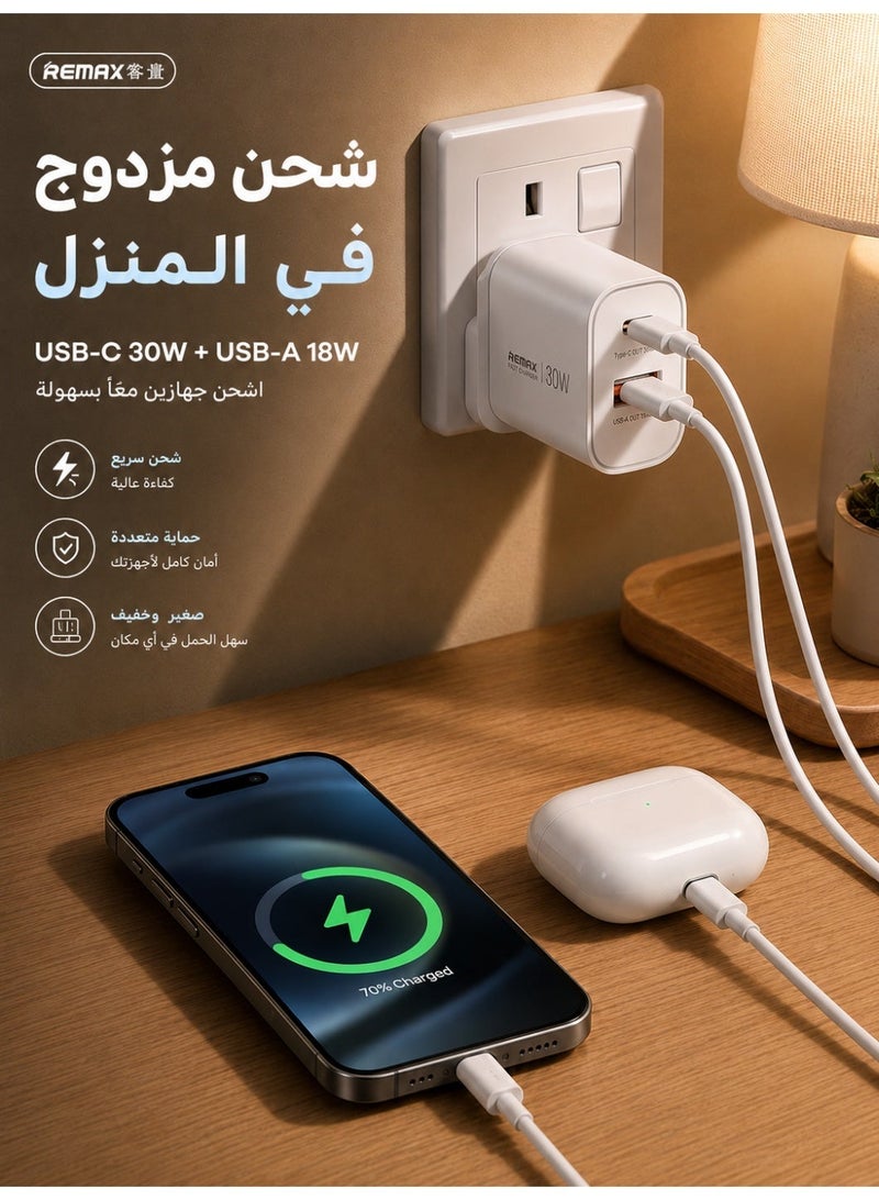 REMAX 30W GaN Fast Charger UK Plug, Dual Port Type-C 30W + USB-A 18W Wall Charger, Compact Lightweight Adapter for Phone and Tablet - Image 3