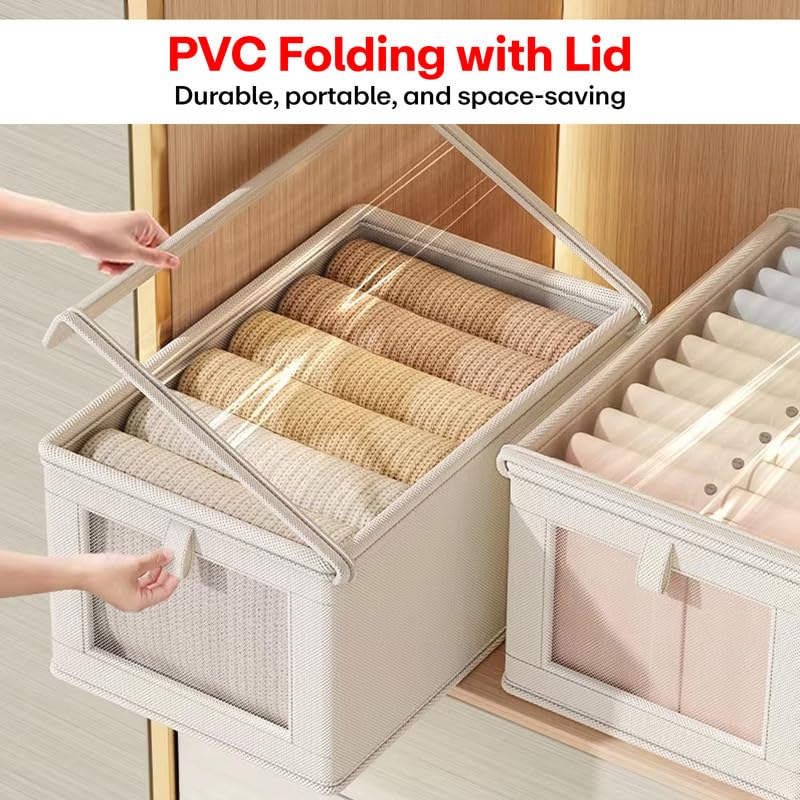 PRIME PICK XL Cloth Wardrobe Organizer Foldable Breathable Non Woven Clothes Organizer with Lid Sturdy Handles Space Saving Storage for Almirah Closet Bedroom Beige Pack of 3 - Image 2