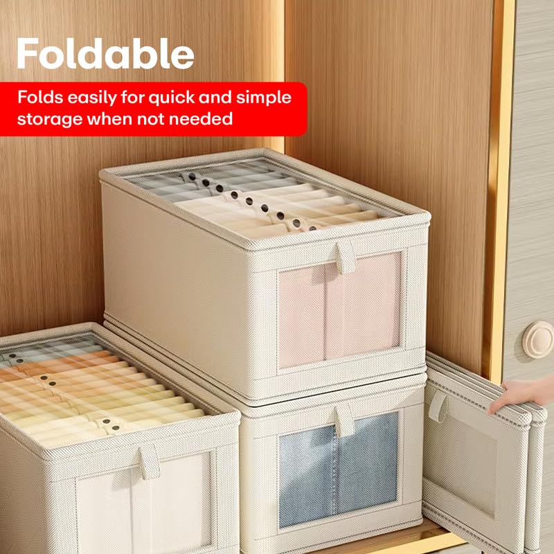 PRIME PICK XL Cloth Wardrobe Organizer Foldable Breathable Non Woven Clothes Organizer with Lid Sturdy Handles Space Saving Storage for Almirah Closet Bedroom Beige Pack of 3 - Image 4