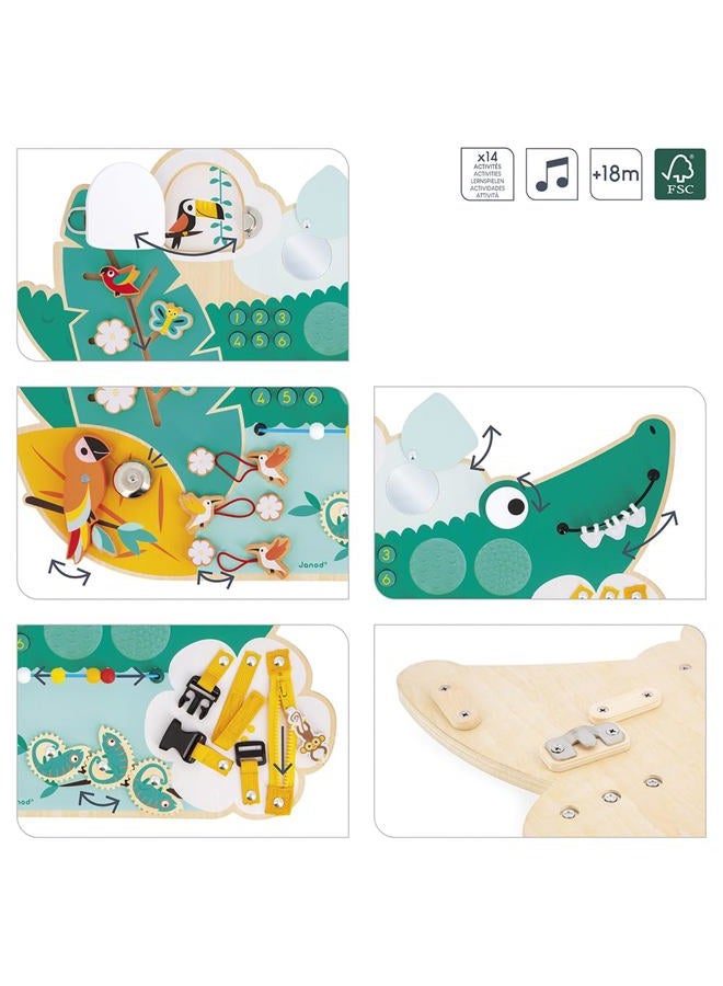 Janod J08280 Busy Croco-Activity Board Theme Jungle Animals 14 Activity Children's Toy for Boys and Girls Promotes Fine Motor Skills FSCTM Wooden Toy from 18 Months J08280, Green - Image 4