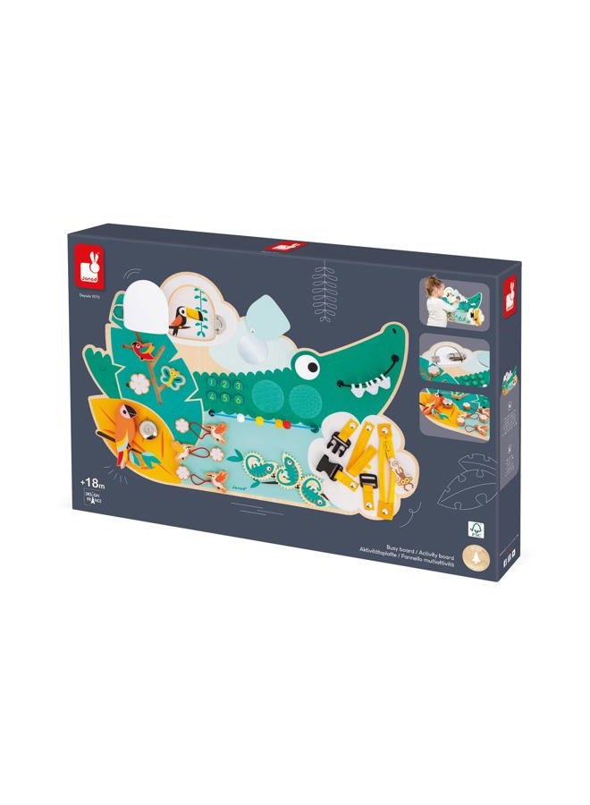 Janod J08280 Busy Croco-Activity Board Theme Jungle Animals 14 Activity Children's Toy for Boys and Girls Promotes Fine Motor Skills FSCTM Wooden Toy from 18 Months J08280, Green - Image 3
