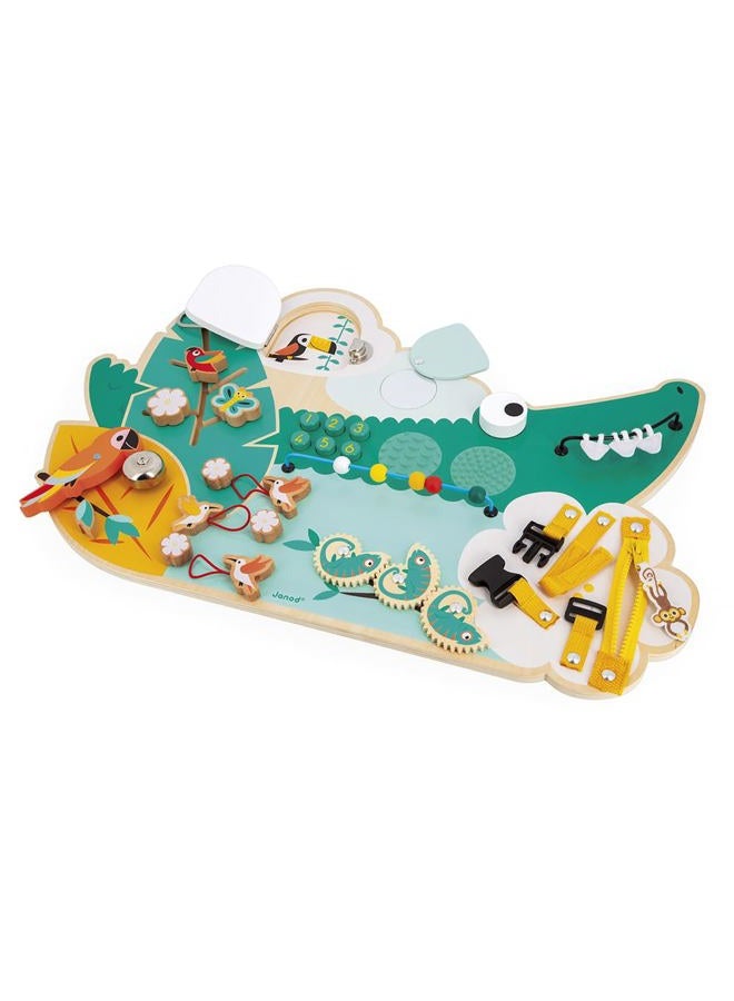Janod J08280 Busy Croco-Activity Board Theme Jungle Animals 14 Activity Children's Toy for Boys and Girls Promotes Fine Motor Skills FSCTM Wooden Toy from 18 Months J08280, Green - Image 1