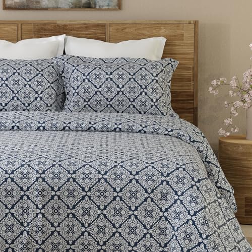 Layers Emaline 144 TC 100% Cotton Blue Titan Tile Print Double Bedsheet Set| 1 Double Cotton Bedsheet & 2 Pillow Cover | Breathable & Anti-Wrinkle | 2.54m x 2.23m - Image 1