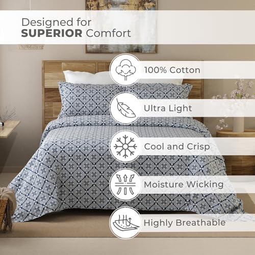 Layers Emaline 144 TC 100% Cotton Blue Titan Tile Print Double Bedsheet Set| 1 Double Cotton Bedsheet & 2 Pillow Cover | Breathable & Anti-Wrinkle | 2.54m x 2.23m - Image 3