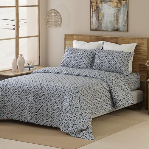 Layers Emaline 144 TC 100% Cotton Blue Titan Tile Print Double Bedsheet Set| 1 Double Cotton Bedsheet & 2 Pillow Cover | Breathable & Anti-Wrinkle | 2.54m x 2.23m - Image 2