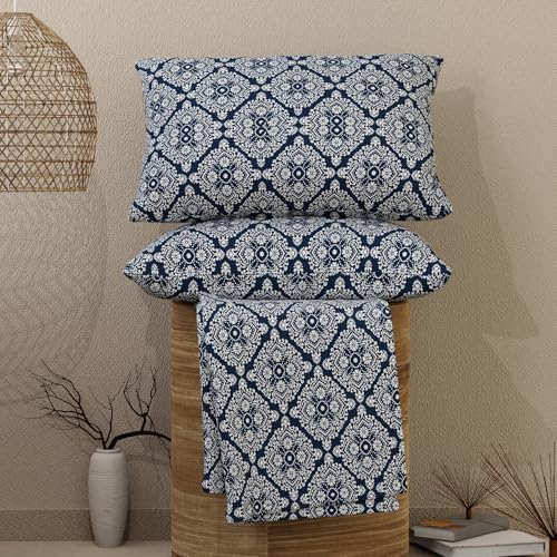 Layers Emaline 144 TC 100% Cotton Blue Titan Tile Print Double Bedsheet Set| 1 Double Cotton Bedsheet & 2 Pillow Cover | Breathable & Anti-Wrinkle | 2.54m x 2.23m - Image 5