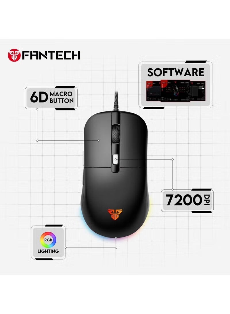 FANTECH High-performance wired gaming mouse, 7200 DPI, adjustable RGB lighting, 6 programmable buttons, 82G lightweight design, 10 million click lifespan, 60LPS tracking speed, 1.8m braided cable, eSports gaming mouse for PC and Mac, black - Image 2