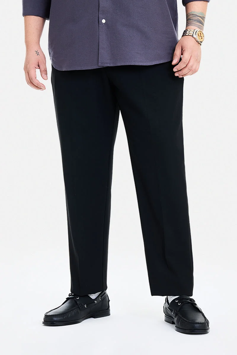 SNITCH Black Textured Regular Fit Formal Plus Size Trousers