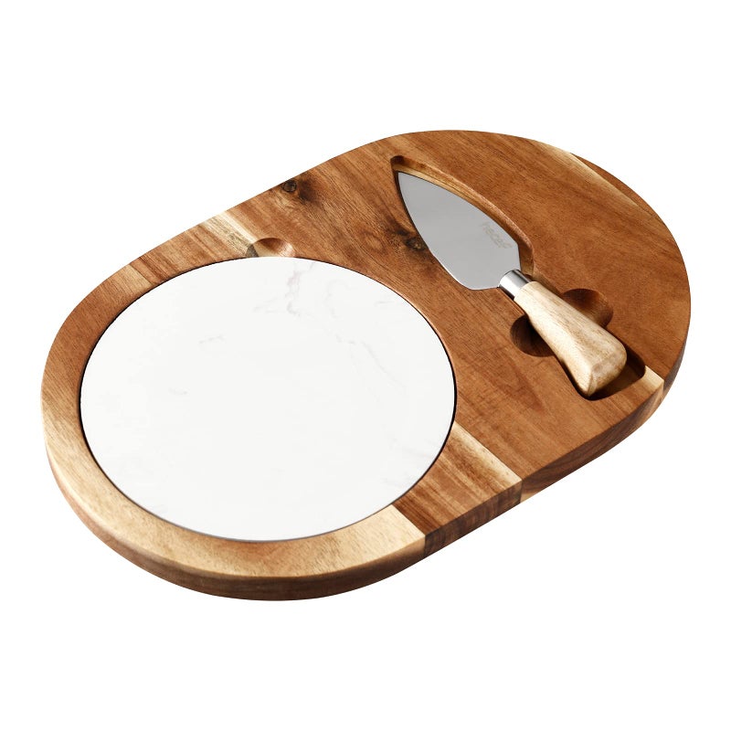 hecef Oval Wooden Cheese Board Set Acacia Wood Charcuterie Serving Tray with White Marble Cheese Knives Platter for Cake Appetizers Housewarming