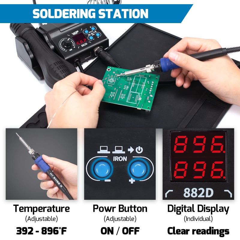 Wep 882D Soldering Iron Station 2-In-1 Smd Hot Air Rework Station With 2 Spools Of Solder Wire  5 Soldering Tips  3 Hot Air Nozzles  Brass Wool Tip Cleaner  Tweezers  Desoldering Pump - Image 5