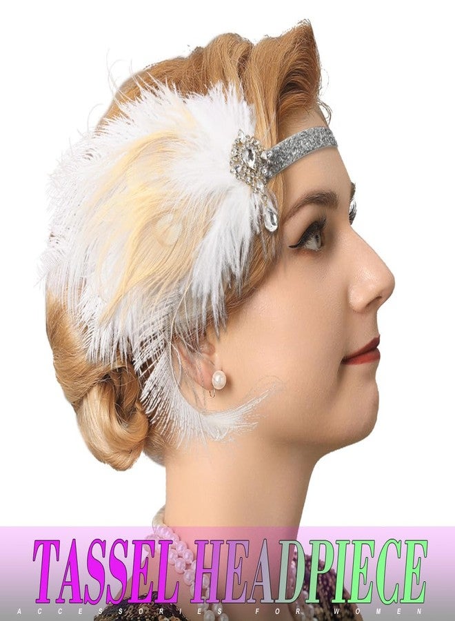 GENBREE 1920s Flapper Headband White Feather Headpiece Peacock Fascinator Hair Accessories for Women - Image 4
