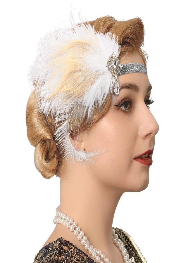 GENBREE 1920s Flapper Headband White Feather Headpiece Peacock Fascinator Hair Accessories for Women - Image 1
