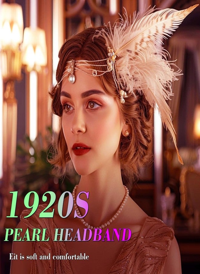 GENBREE 1920s Flapper Headband White Feather Headpiece Peacock Fascinator Hair Accessories for Women - Image 3