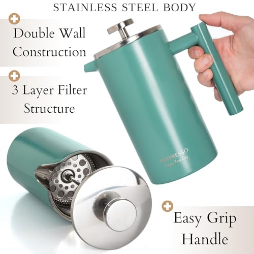 Mixpresso Green Stainless Steel French Press Coffee Maker 26 Oz 770 Ml, Double Wall Insulated French Press Stainless Steel, Easy Clean Tea Brewer, Easy Press Durable Metal Coffee Press - Image 2