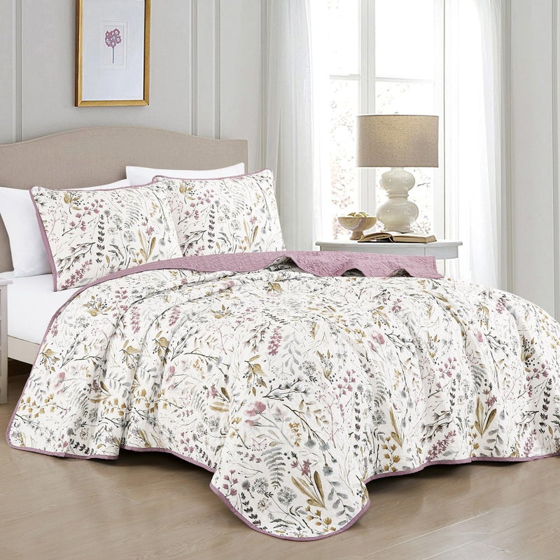 MarCielo Floral Botanical Quilt Set Soft Lightweight Polyester Reversible Bedspread All Season Cottage Farmhouse Bedding Set (Ivory Floral,Queen (95"x95")) - Image 1