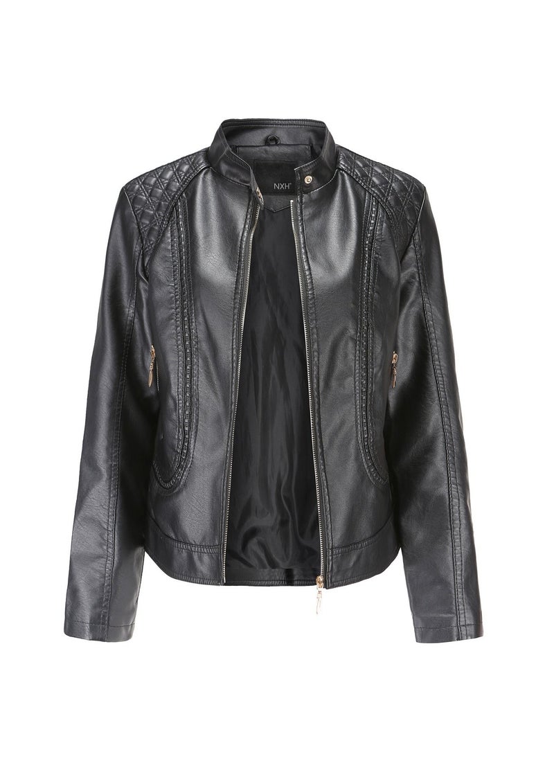 Women's Leather Jacket With Standing Collar PU Leather Jacket Black - pzsku/Z2FBA9681D764F503707AZ/45/_/1691894460/25085b29-d7b5-437b-9928-bb71a1ee79c1