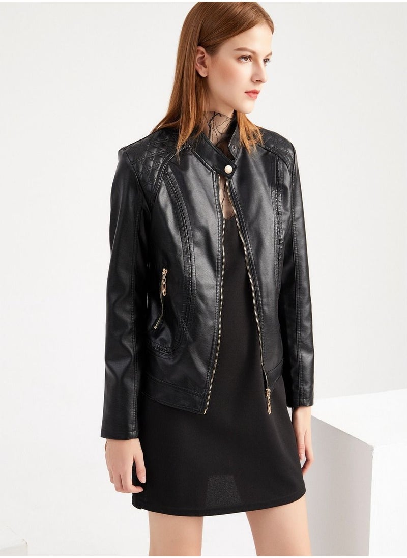 Women's Leather Jacket With Standing Collar PU Leather Jacket Black - pzsku/Z2FBA9681D764F503707AZ/45/_/1691894734/8348b46d-7696-44d1-9b70-29547bf00084